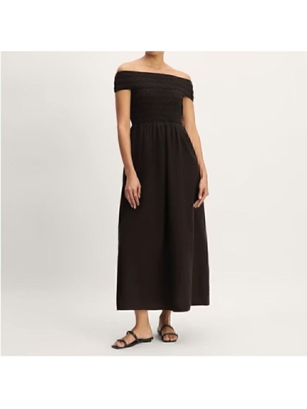 Everlane The Gauze Off-the-Shoulder Midi Smocked Dress Black Minimalist Size XS